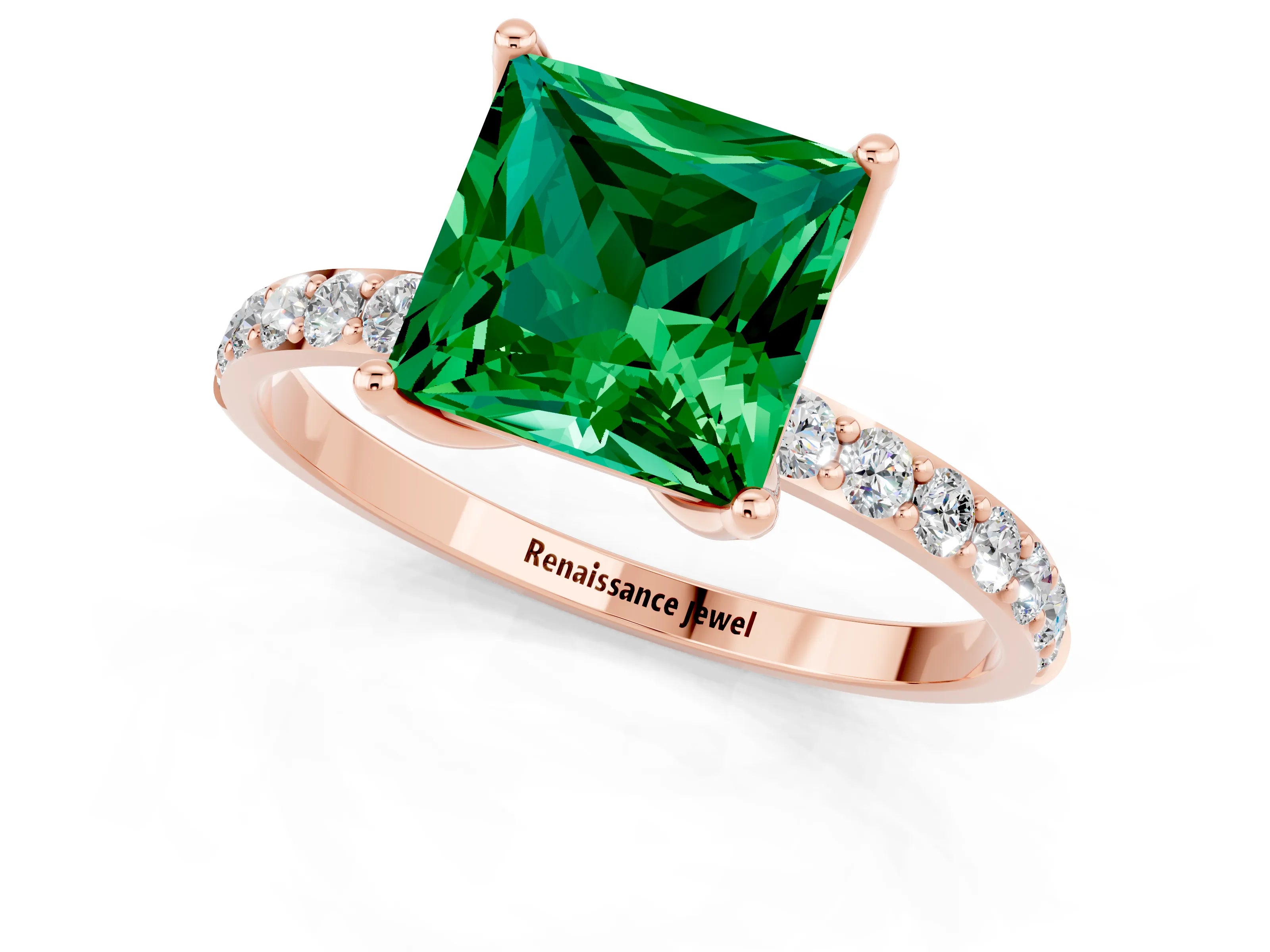 Rose gold Princess Cut Emerald Solitaire Engagement Ring with Pavé Band and Prong Setting_1