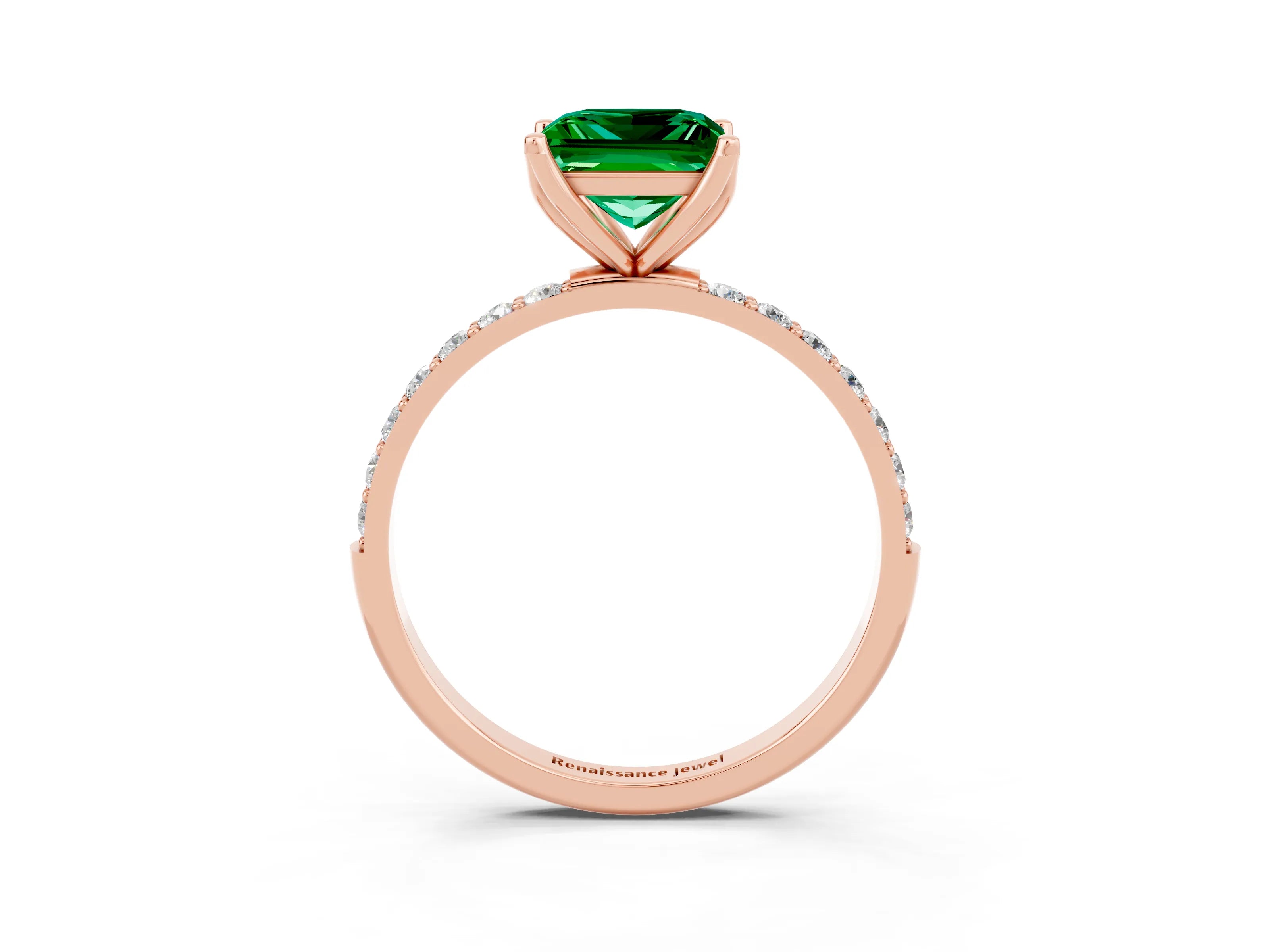 Rose gold Princess Cut Emerald Solitaire Engagement Ring with Pavé Band and Prong Setting_3
