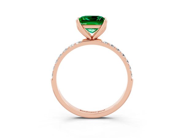 Rose gold Princess Cut Emerald Solitaire Engagement Ring with Round  Pavé Band and Prong Setting