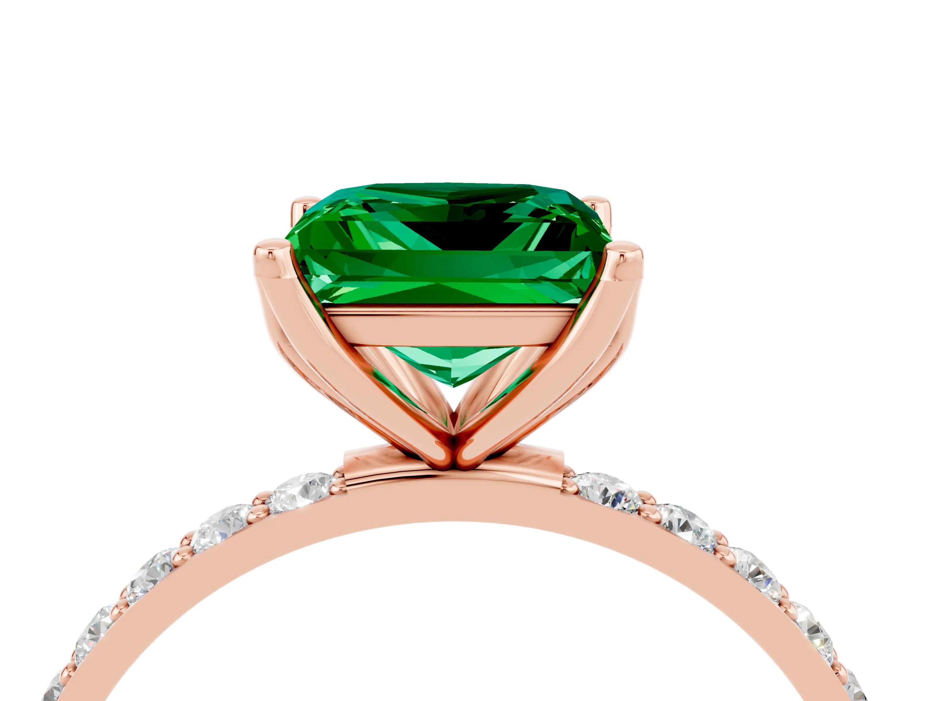 Rose gold Princess Cut Emerald Solitaire Engagement Ring with Pavé Band and Prong Setting_4