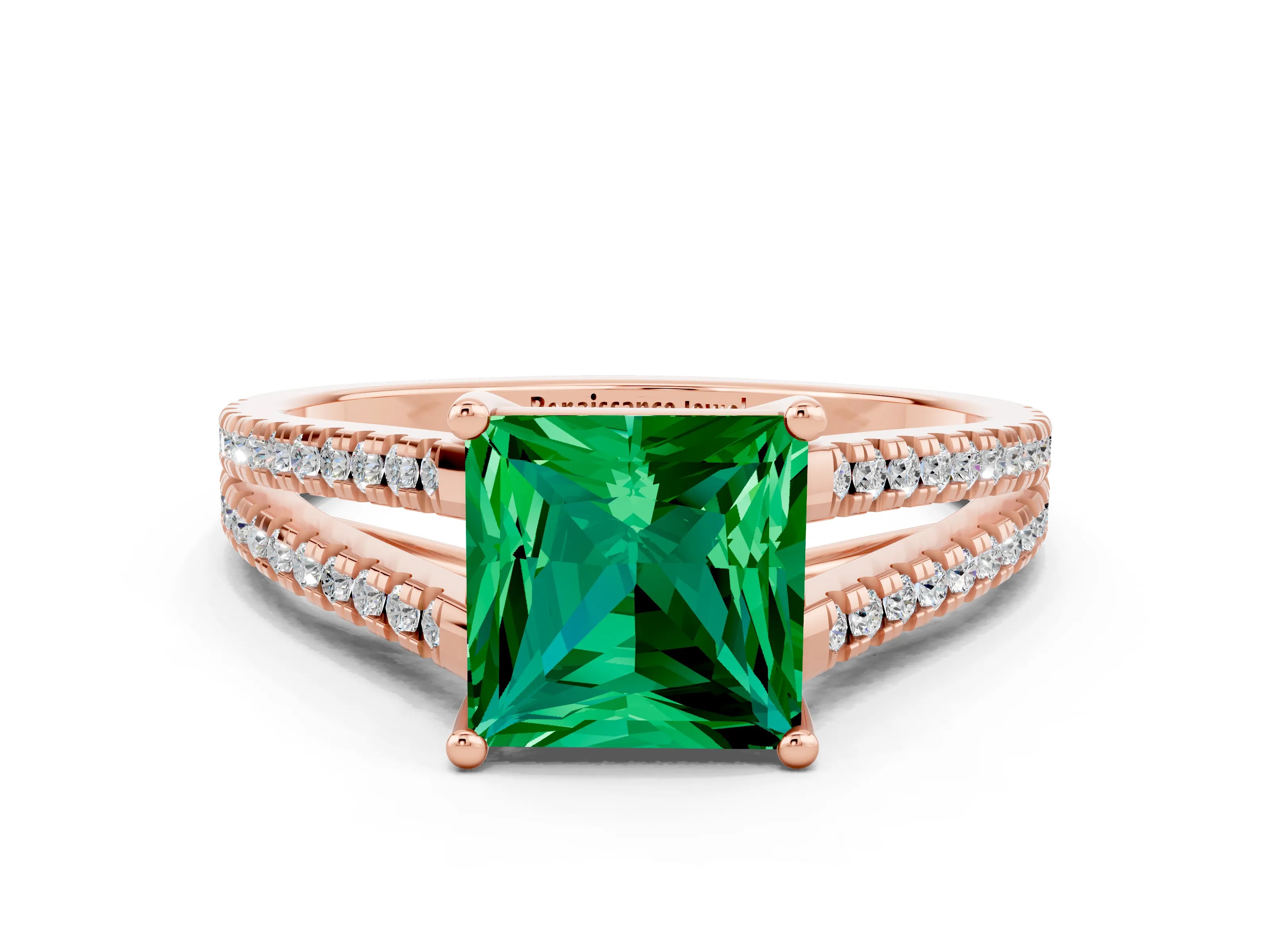 Rose gold Princess Cut Emerald Solitaire Engagement Ring with Split Shank Pavé Band