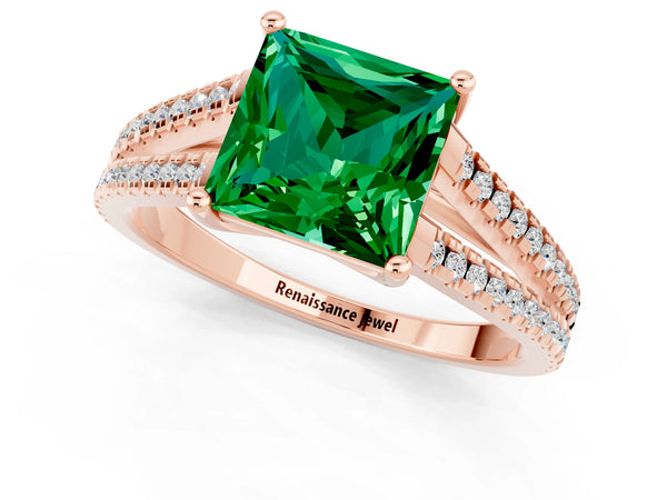 Rose gold Princess Cut Emerald Solitaire Engagement Ring with Split Shank Pavé Band