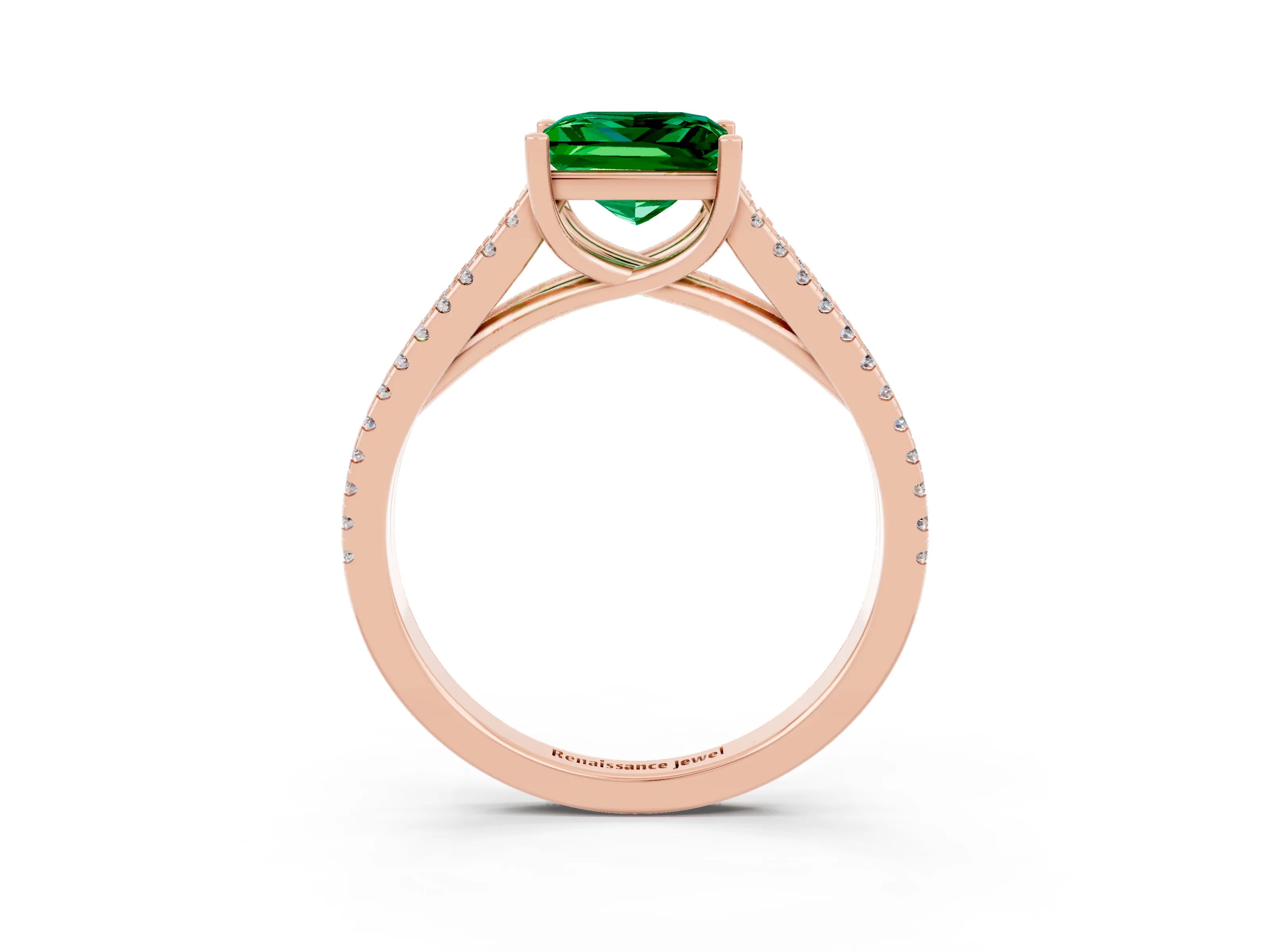 Rose gold Princess Cut Emerald Solitaire Engagement Ring with Split Shank Pavé Band_3