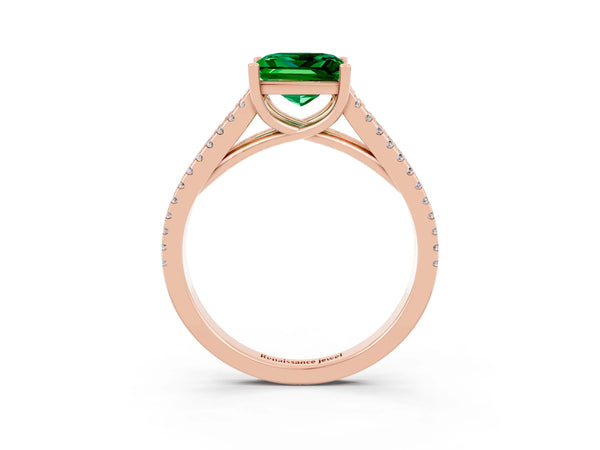 Rose gold Princess Cut Emerald Solitaire Engagement Ring with Split Shank Pavé Band