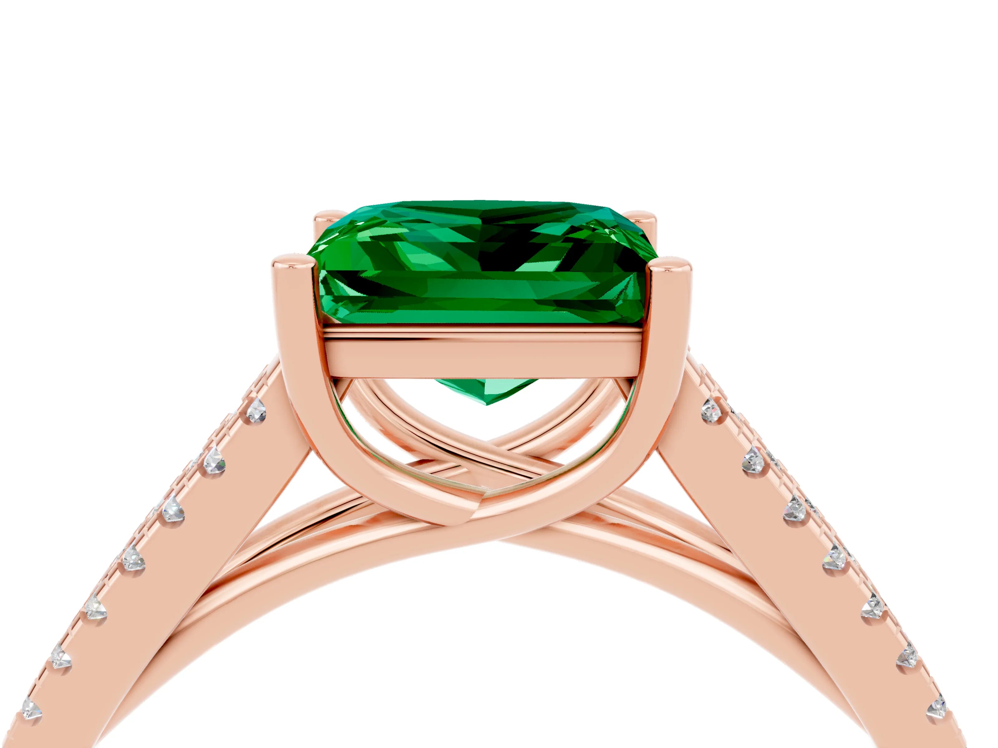 Rose gold Princess Cut Emerald Solitaire Engagement Ring with Split Shank Pavé Band_4
