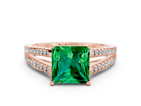 Rose gold Princess Cut Emerald Solitaire Engagement Ring with Split Shank Pavé Band