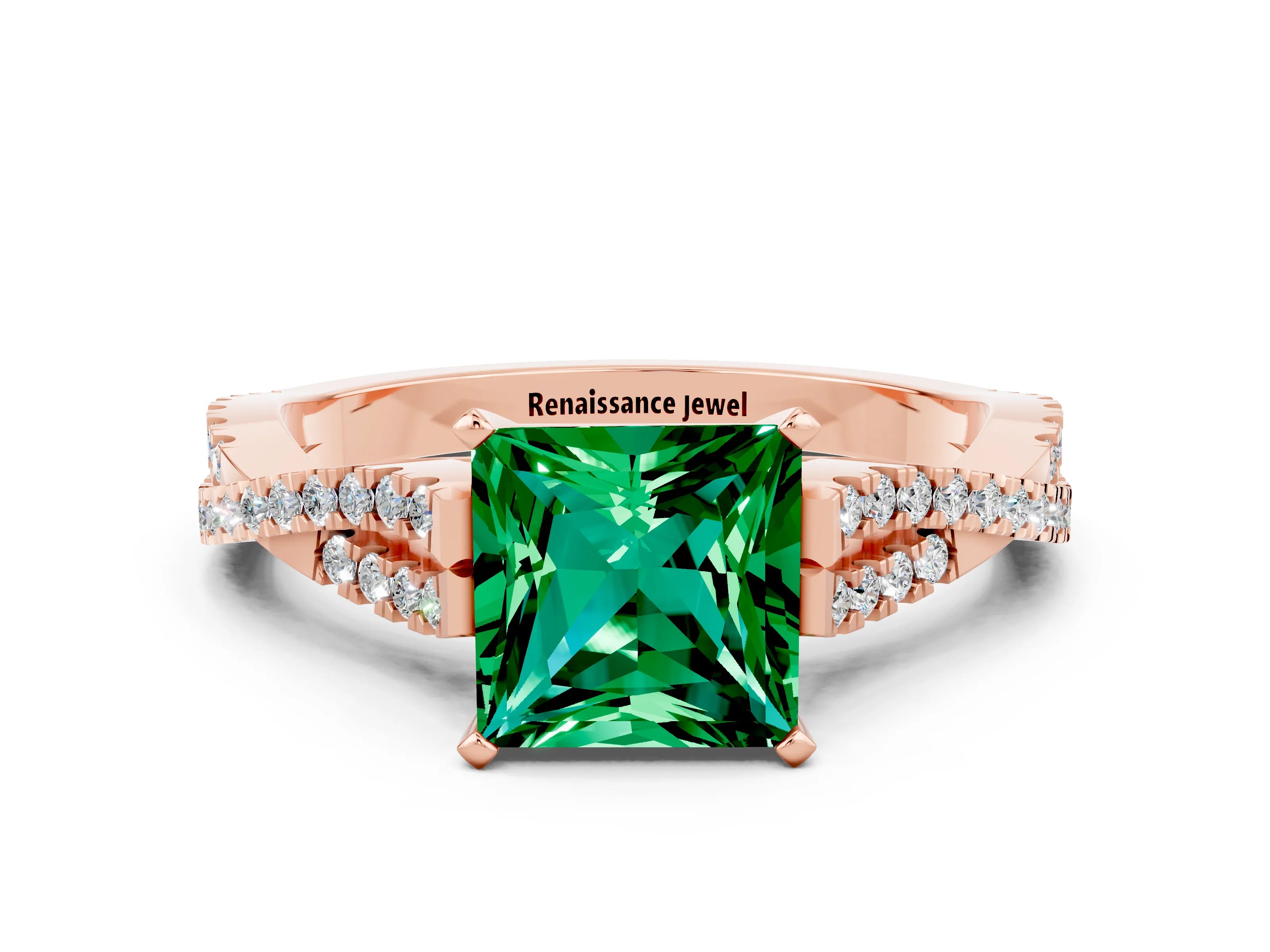 Rose gold Princess Cut Emerald Solitaire Engagement Ring with Twisted Pavé Band and Four-Prong Setting_12