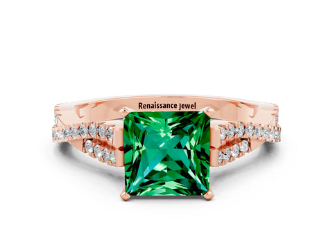 Rose gold Princess Cut Emerald Solitaire Engagement Ring with Twisted Pavé Band and Four-Prong Setting_12