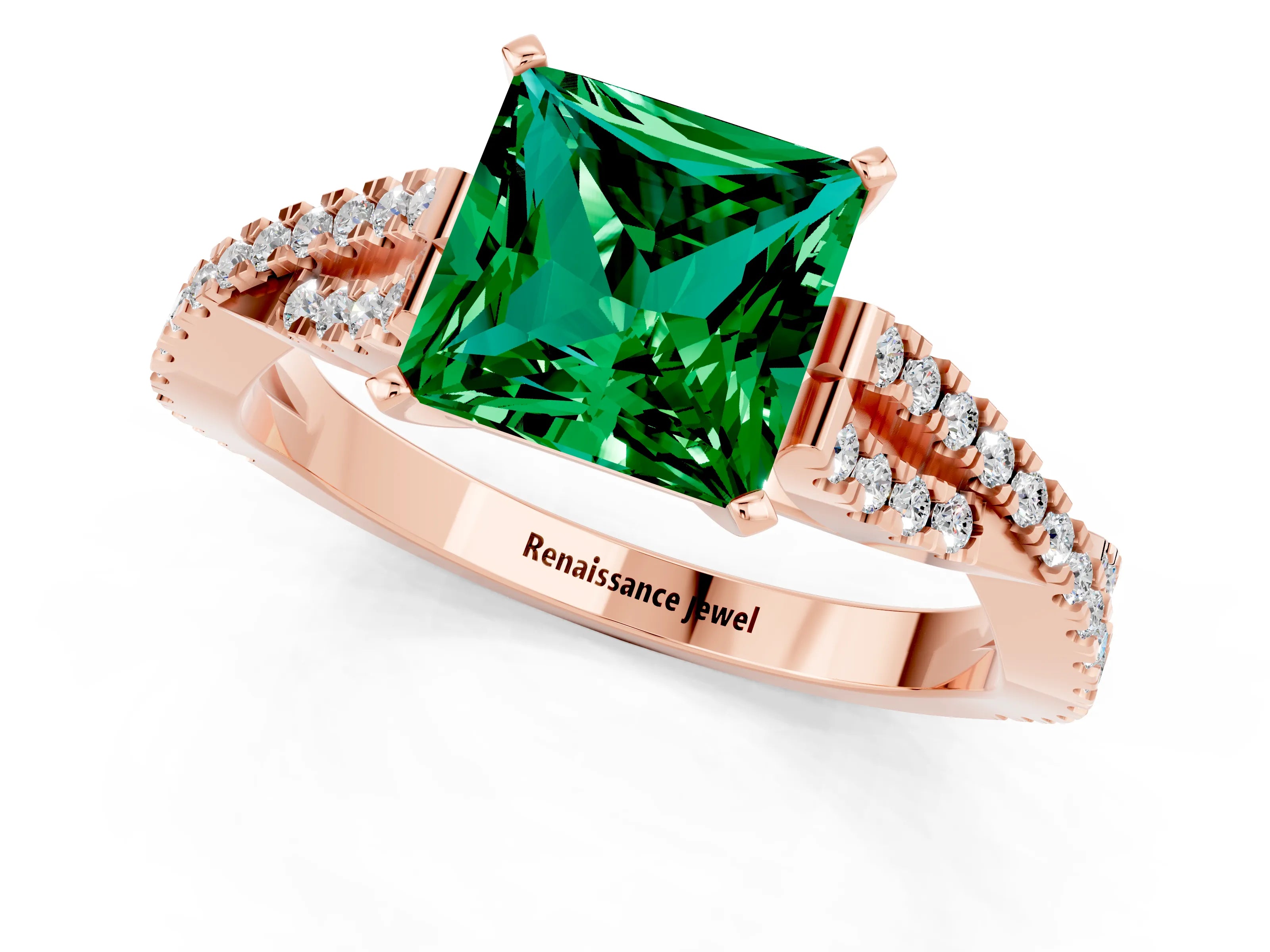 Rose gold Princess Cut Emerald Solitaire Engagement Ring with Twisted Pavé Band and Four-Prong Setting_13