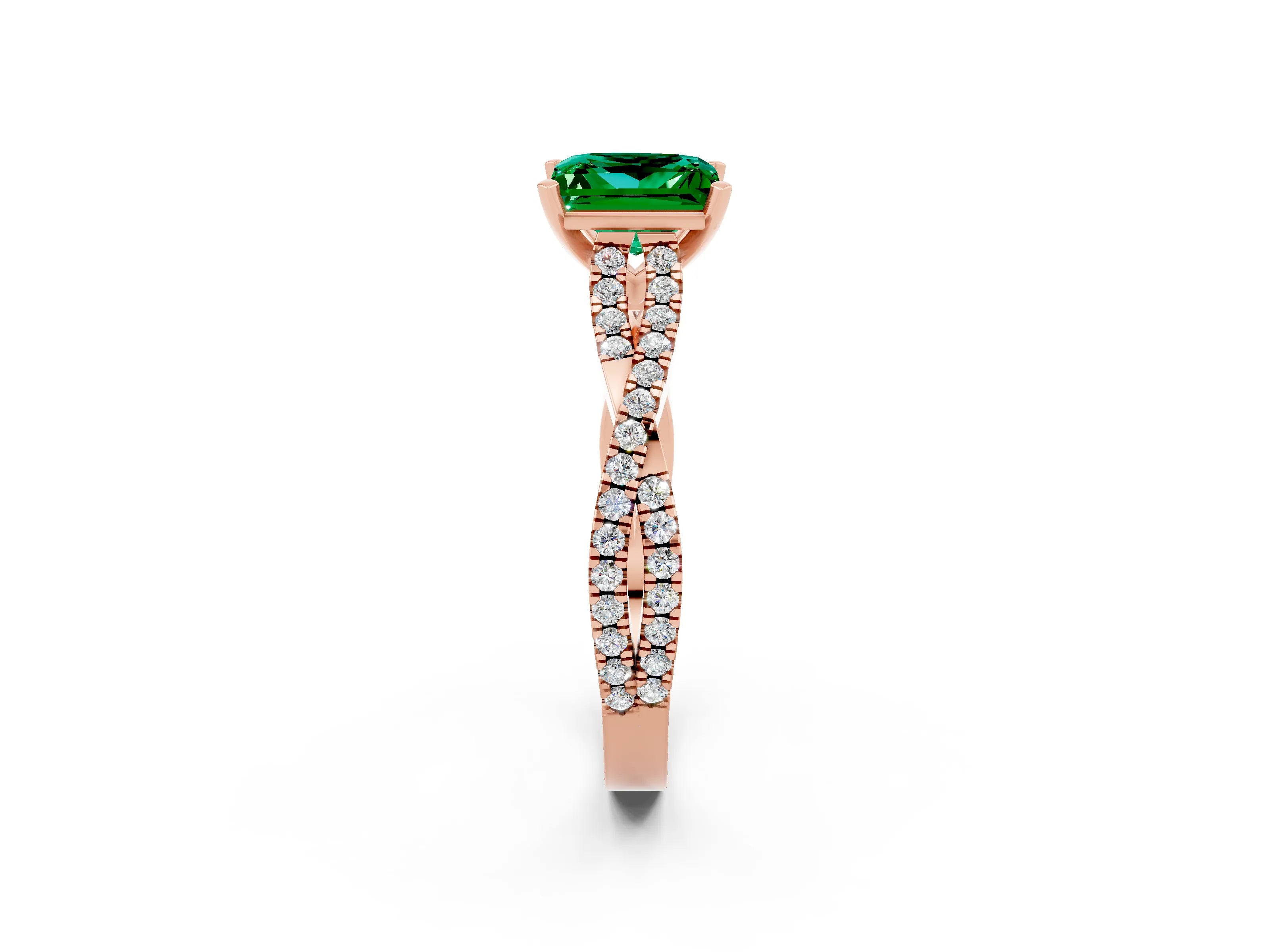 Rose gold Princess Cut Emerald Solitaire Engagement Ring with Twisted Pavé Band and Four-Prong Setting_14