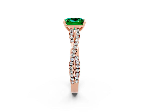 Rose gold Princess Cut Emerald Solitaire Engagement Ring with Twisted Pavé Band and Four-Prong Setting