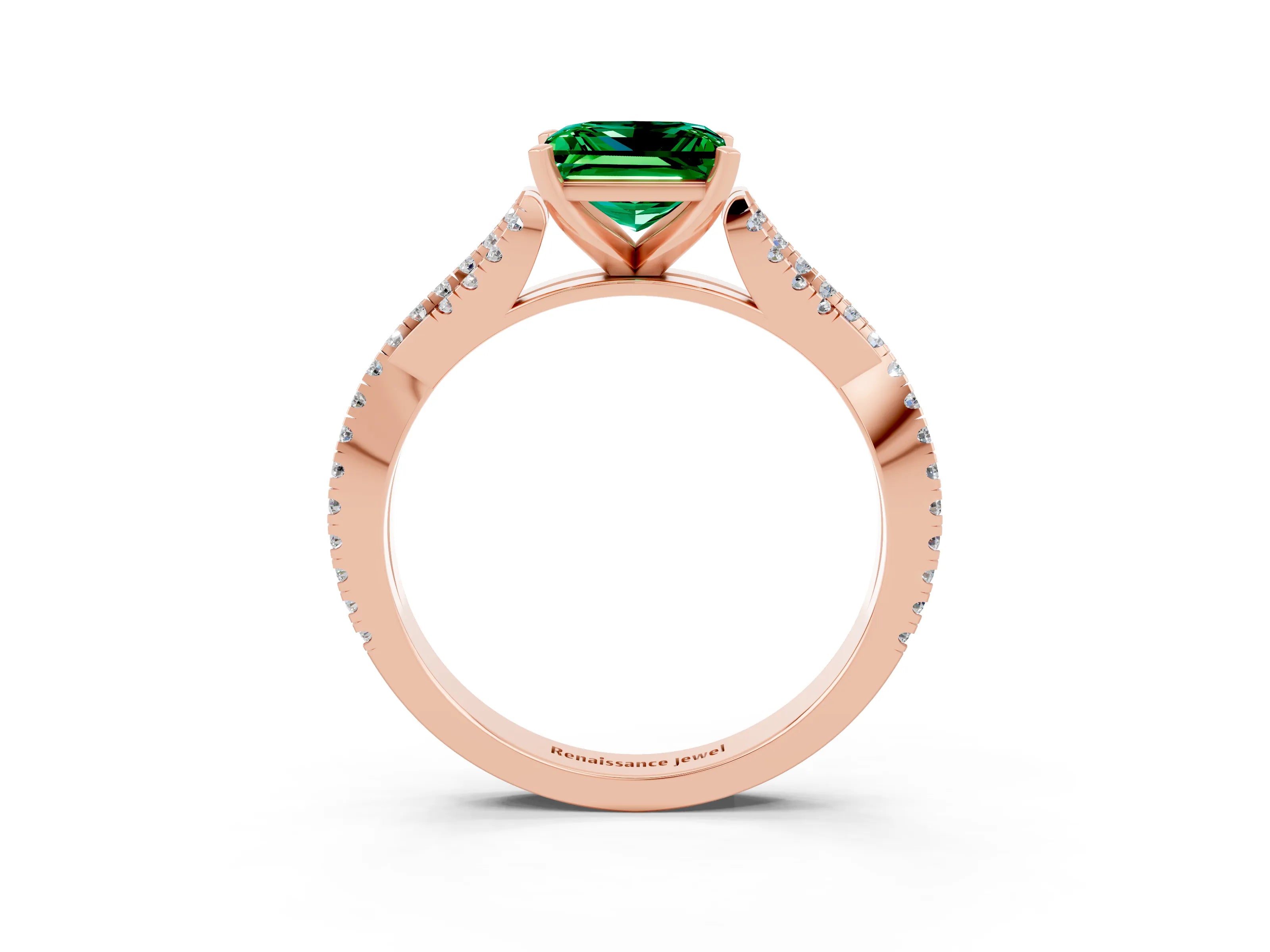 Rose gold Princess Cut Emerald Solitaire Engagement Ring with Twisted Pavé Band and Four-Prong Setting_15