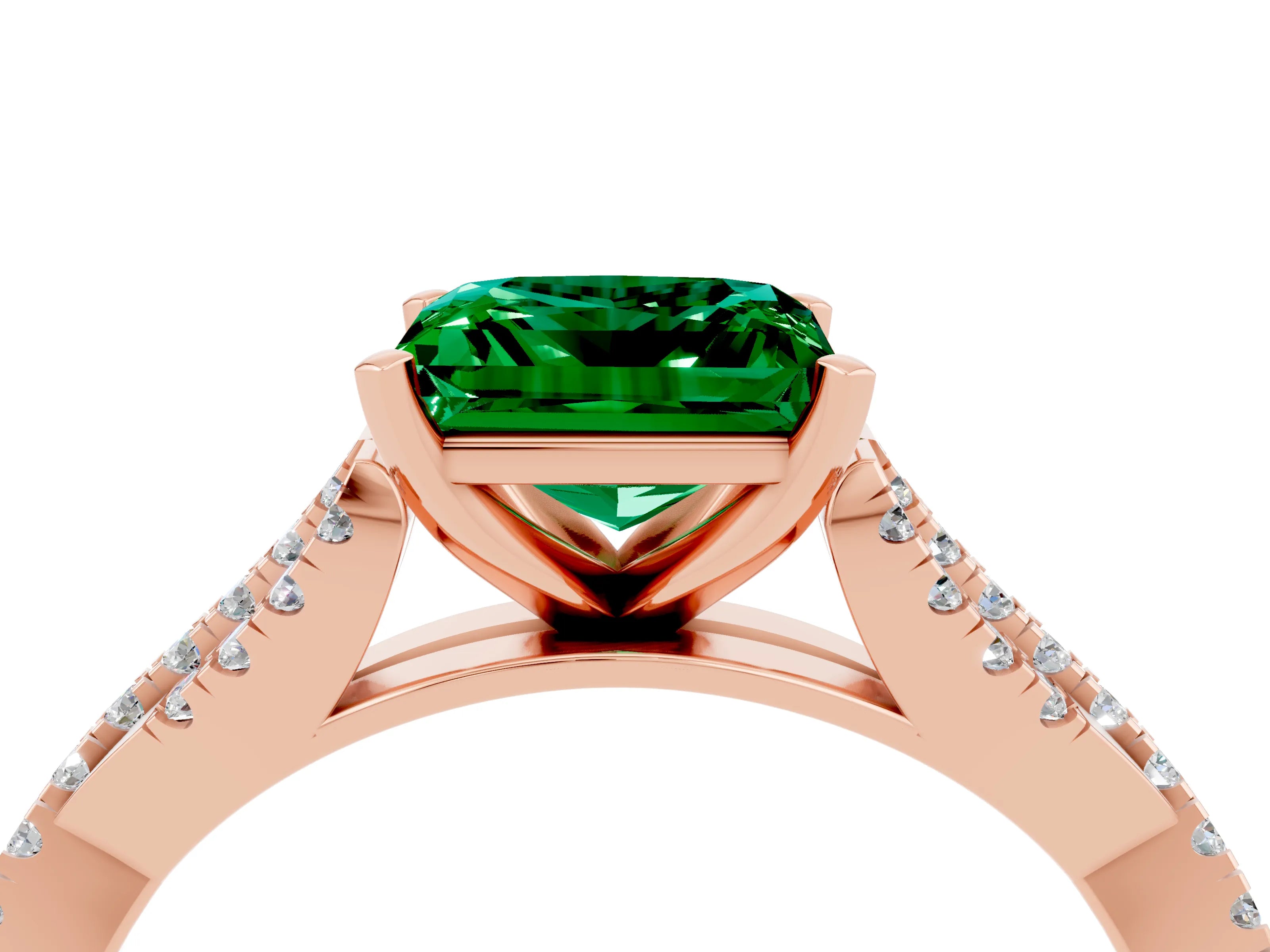 Rose gold Princess Cut Emerald Solitaire Engagement Ring with Twisted Pavé Band and Four-Prong Setting_16