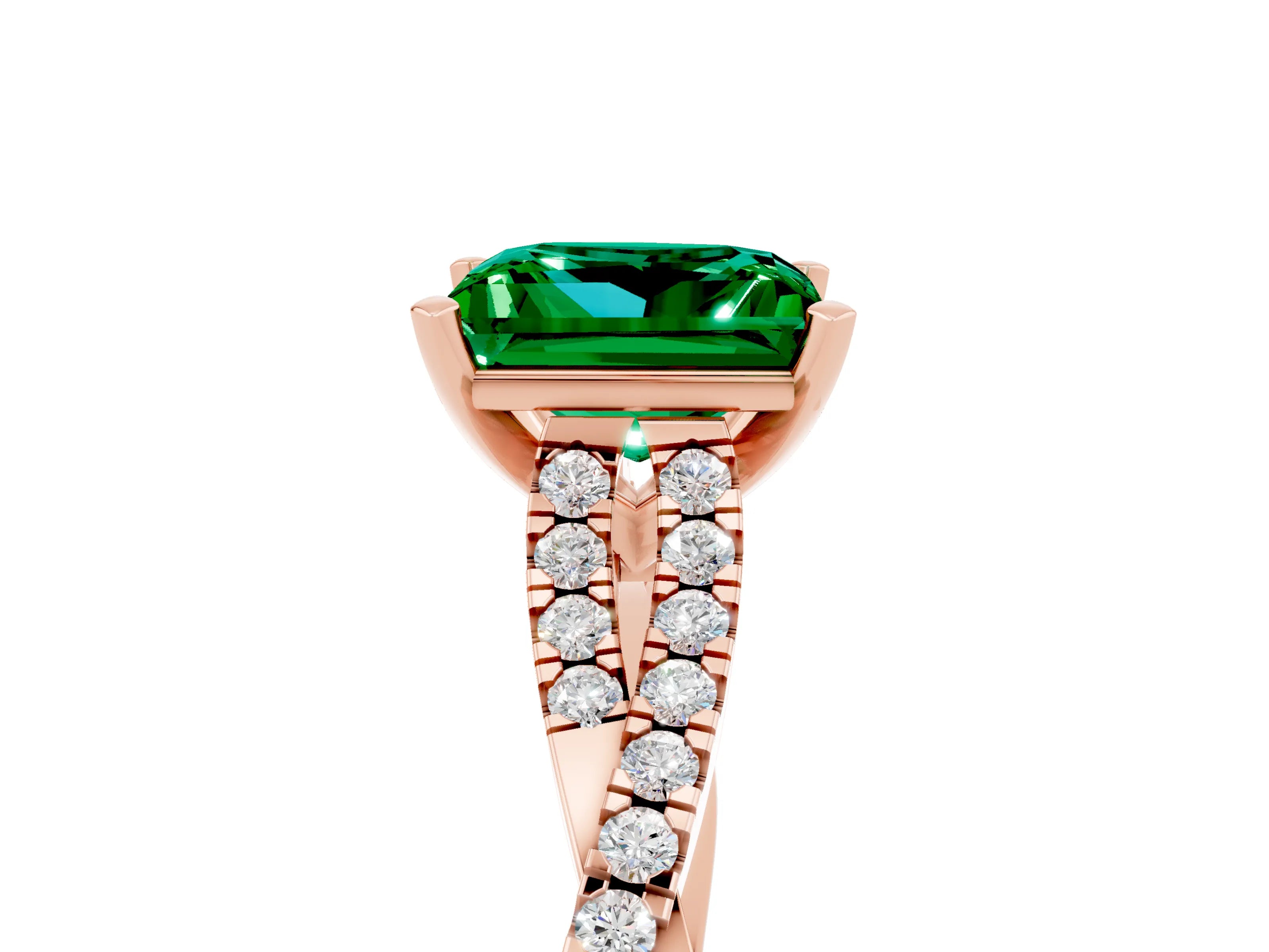 Rose gold Princess Cut Emerald Solitaire Engagement Ring with Twisted Pavé Band and Four-Prong Setting_17