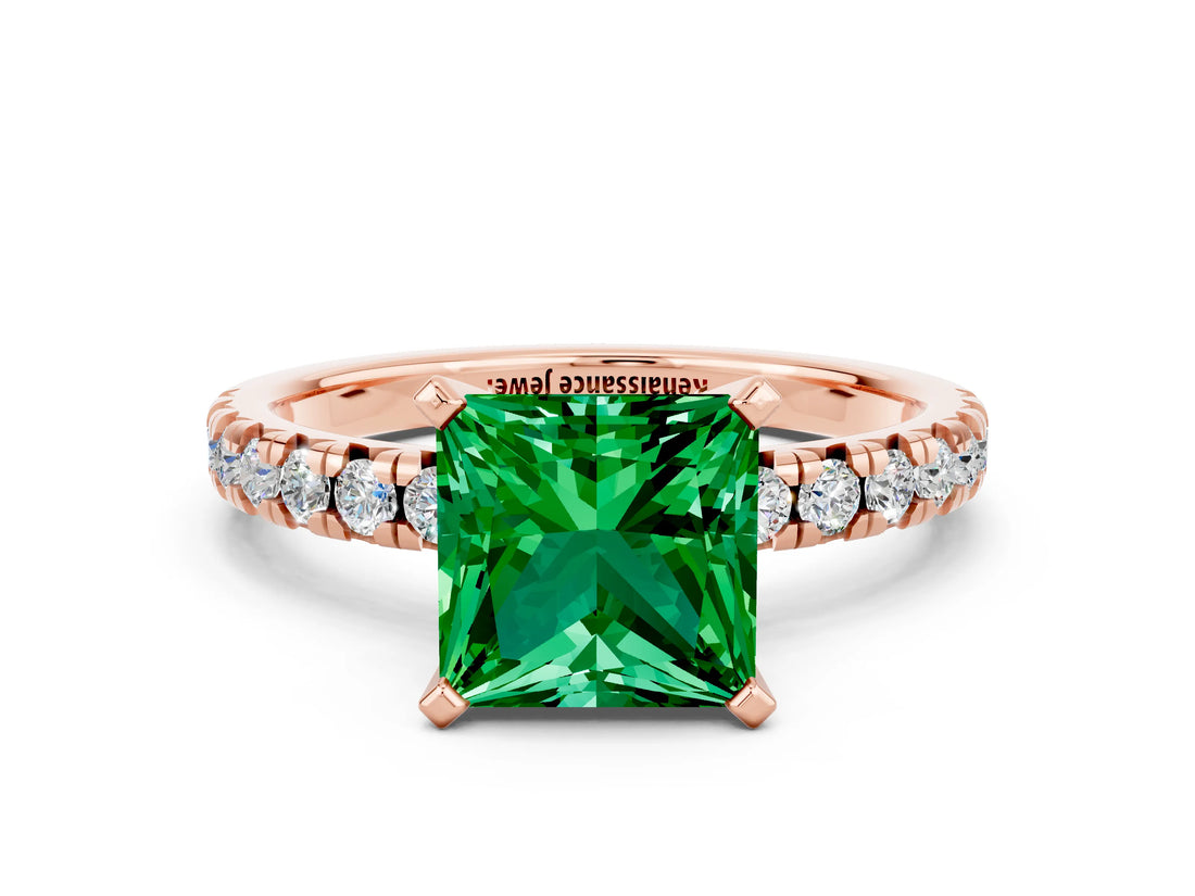 Rose gold Princess Cut Emerald Solitaire Pavé Engagement Ring with Round Band and Prong Setting_66