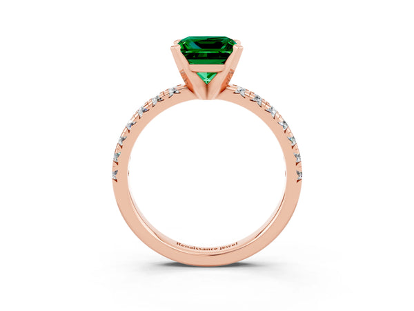 Rose gold Princess Cut Emerald Solitaire Pavé Engagement Ring with Round Band and Prong Setting