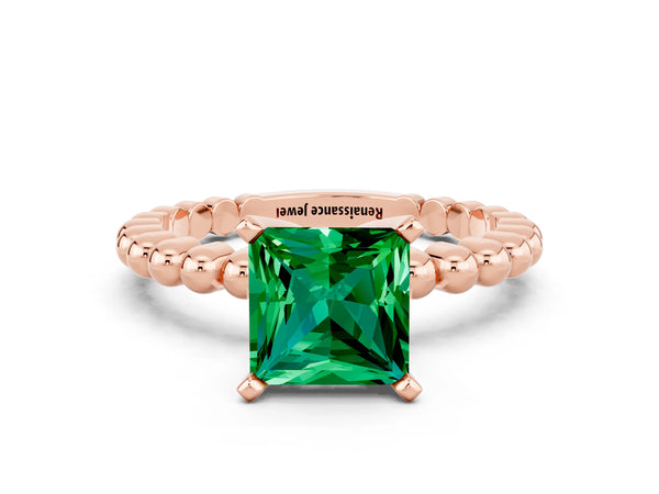 Rose gold Princess Cut Emerald Solitaire Ring with Beaded Band and Prong Setting