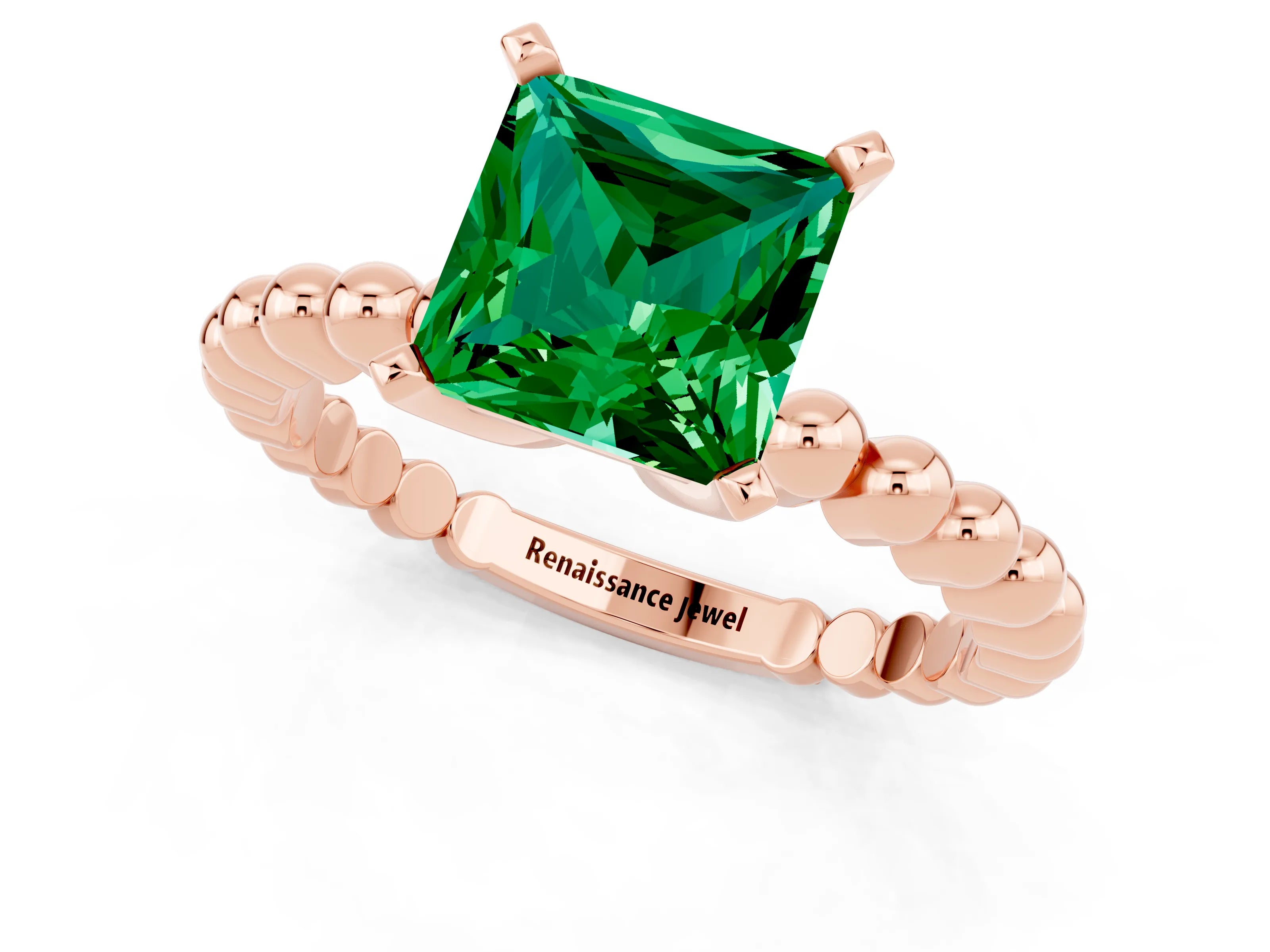 Rose gold Princess Cut Emerald Solitaire Ring with Beaded Band and Prong Setting_1