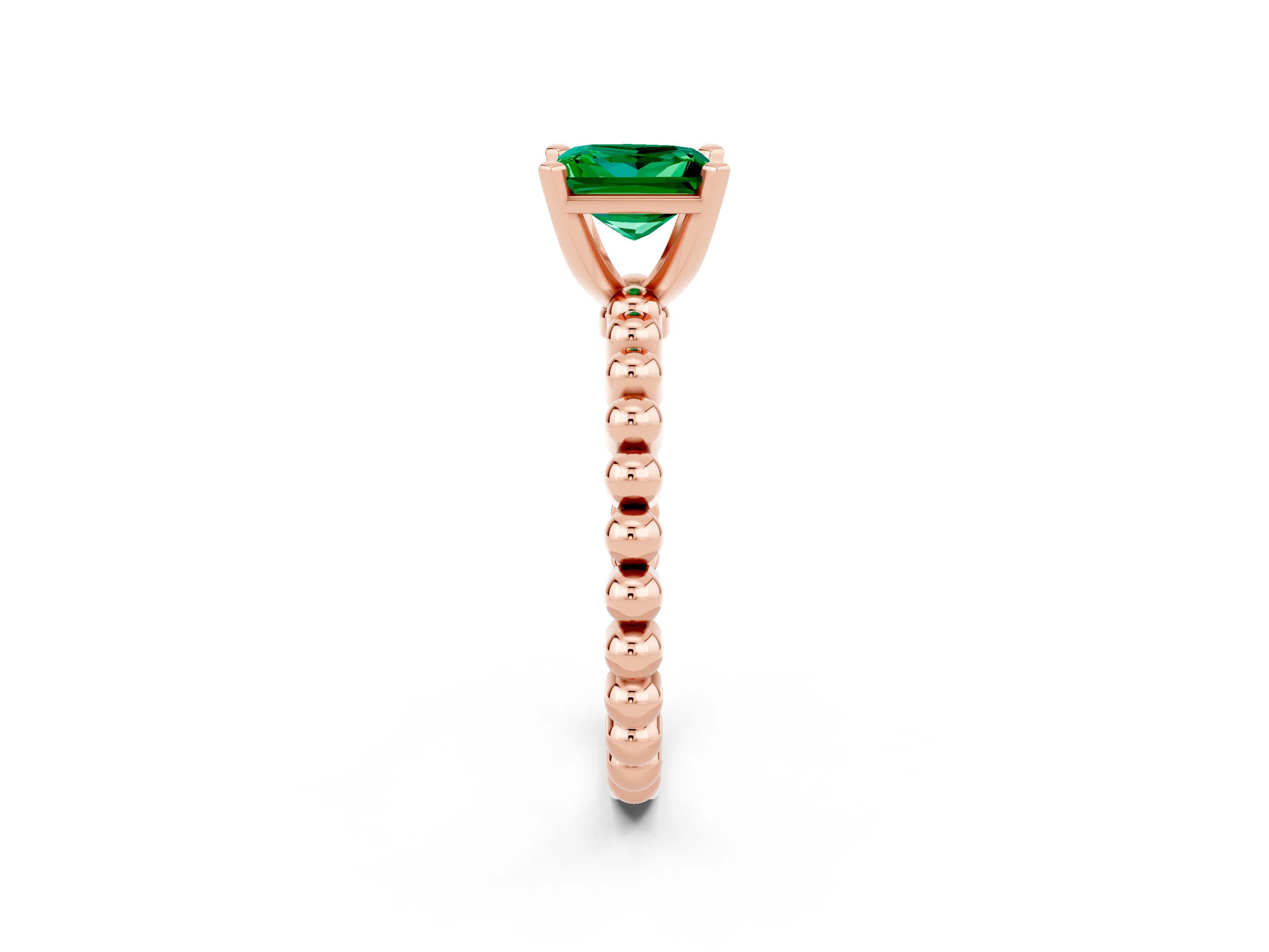 Rose gold Princess Cut Emerald Solitaire Ring with Beaded Band and Prong Setting_2