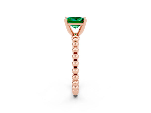 Rose gold Princess Cut Emerald Solitaire Ring with Beaded Band and Prong Setting