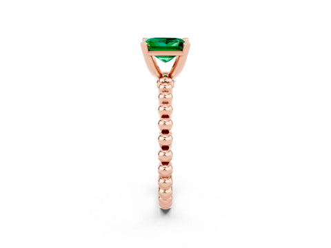 Rose gold Princess Cut Emerald Solitaire Ring with Beaded Band and Prong Setting_2