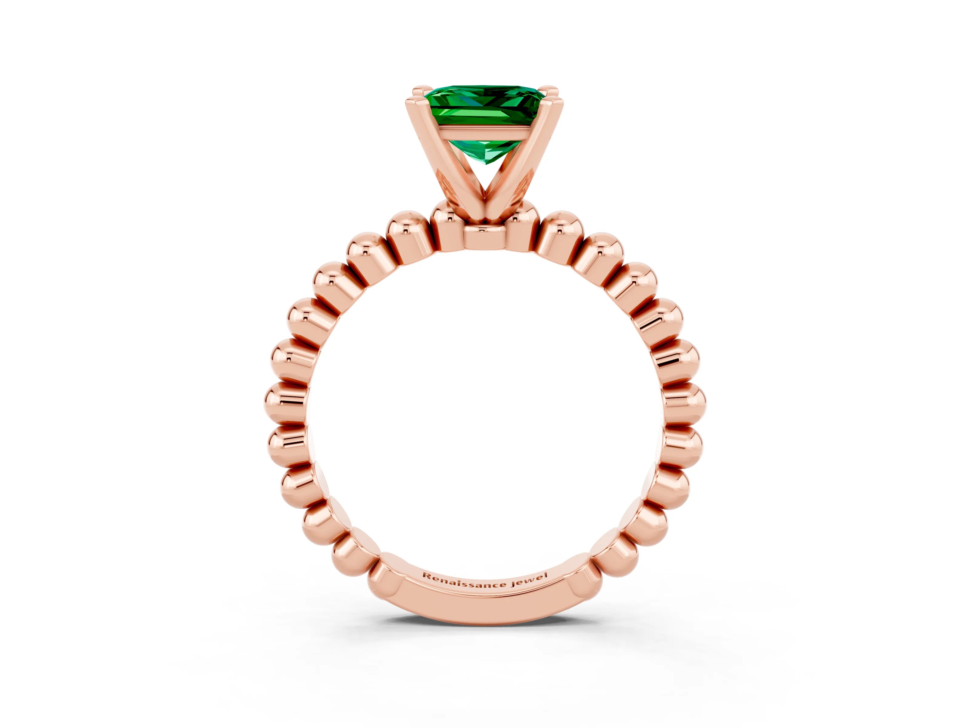Rose gold Princess Cut Emerald Solitaire Ring with Beaded Band and Prong Setting_3