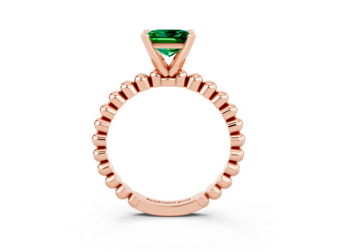 Rose gold Princess Cut Emerald Solitaire Ring with Beaded Band and Prong Setting_3