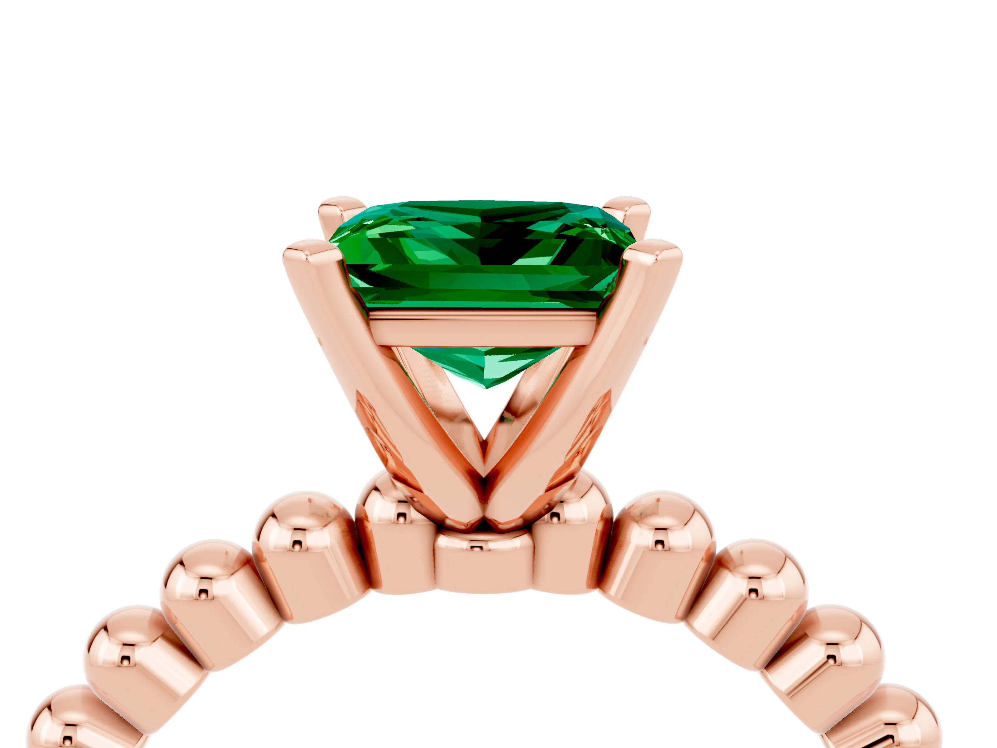 Rose gold Princess Cut Emerald Solitaire Ring with Beaded Band and Prong Setting_4