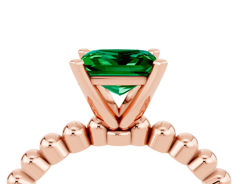 Rose gold Princess Cut Emerald Solitaire Ring with Beaded Band and Prong Setting_4