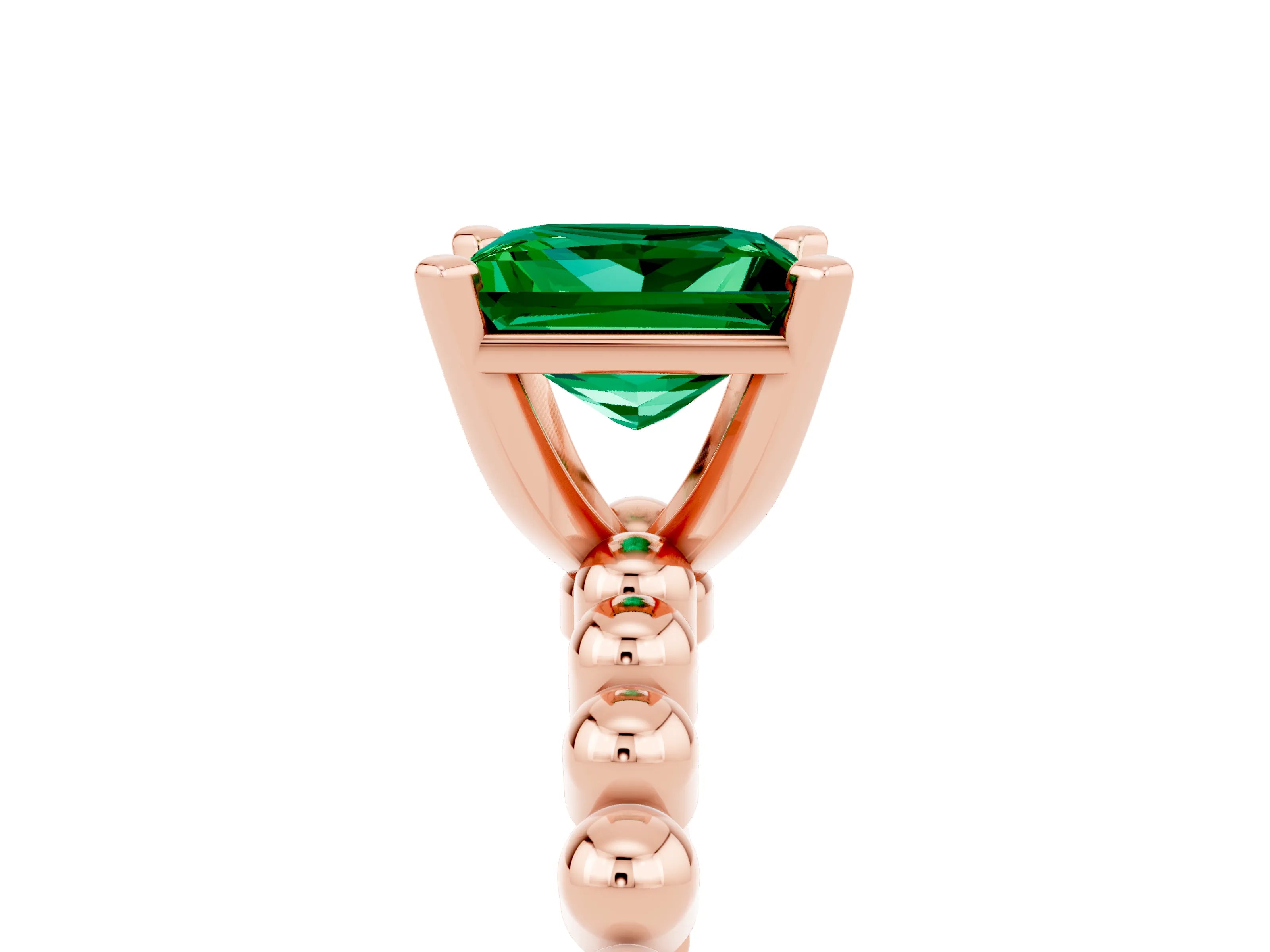 Rose gold Princess Cut Emerald Solitaire Ring with Beaded Band and Prong Setting_5