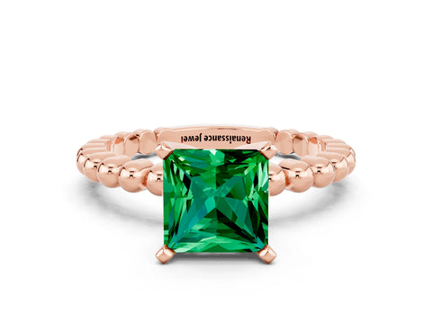 Rose gold Princess Cut Emerald Solitaire Ring with Beaded Band and Prong Setting