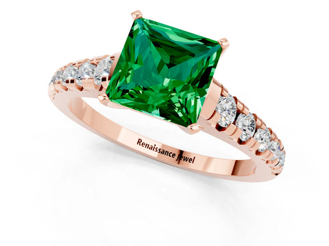 Rose gold Princess Cut Emerald Solitaire Ring with Cathedral Setting and Pavé Band_1