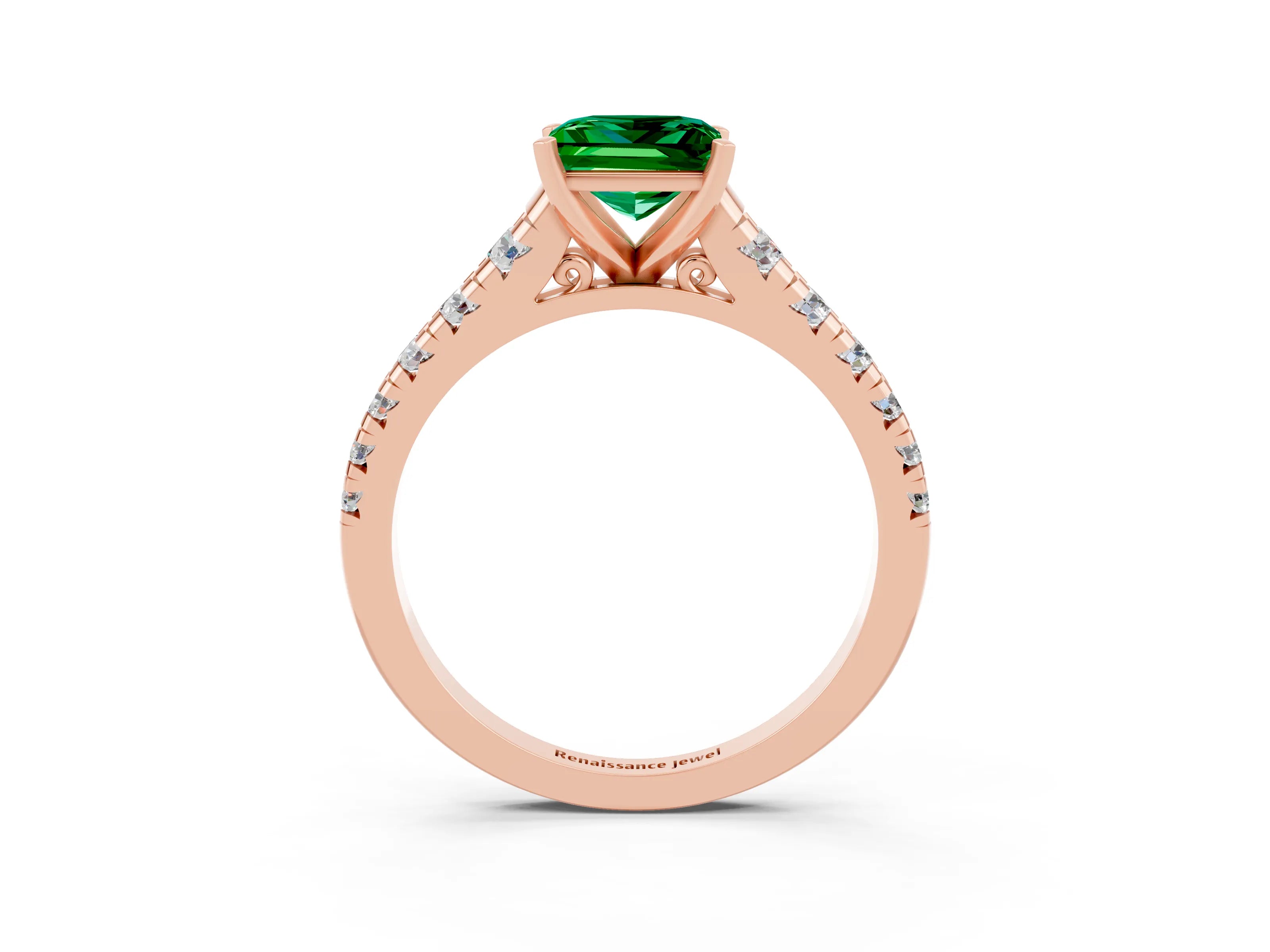 Rose gold Princess Cut Emerald Solitaire Ring with Cathedral Setting and Pavé Band_3