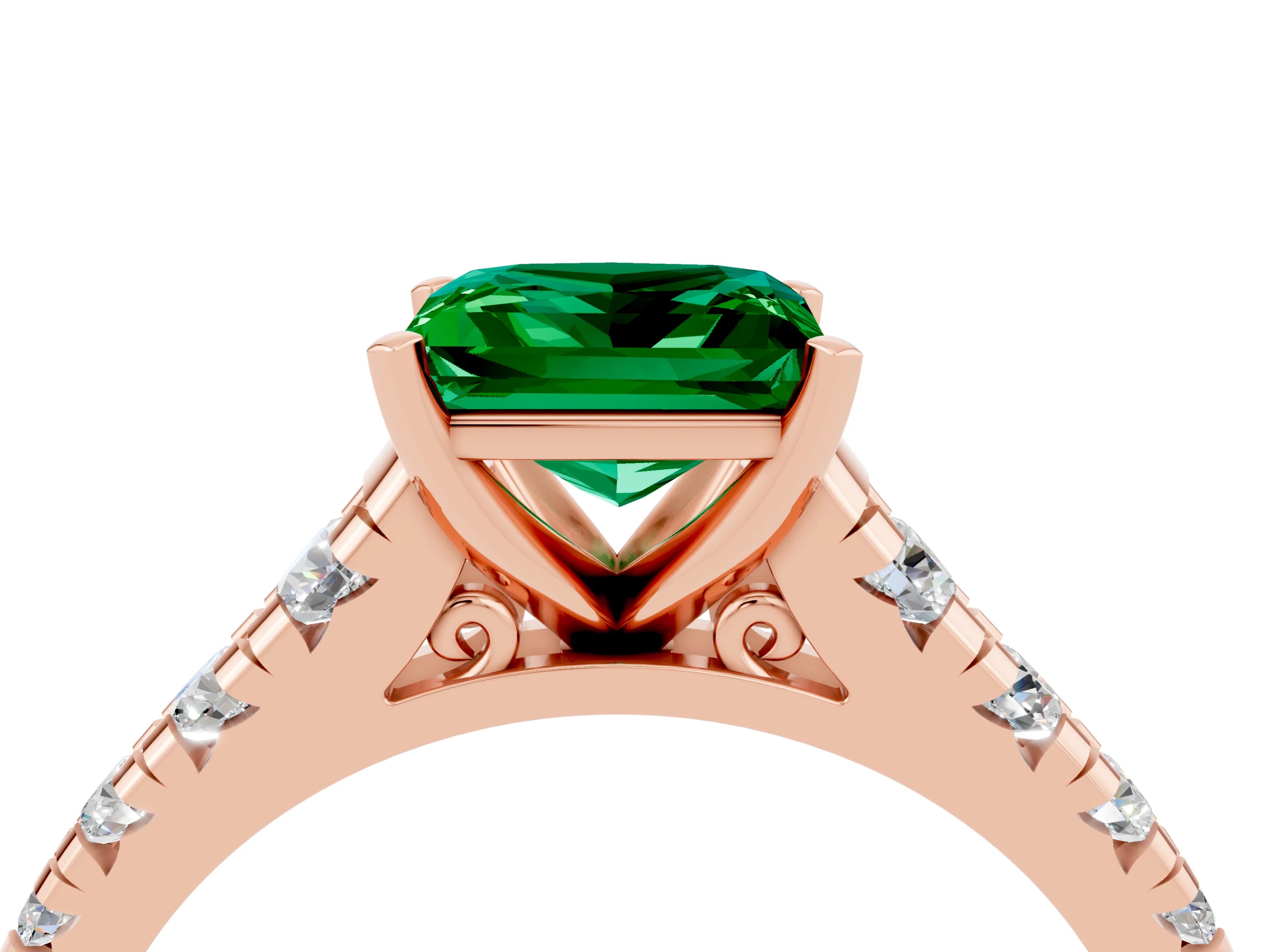 Rose gold Princess Cut Emerald Solitaire Ring with Cathedral Setting and Pavé Band_4