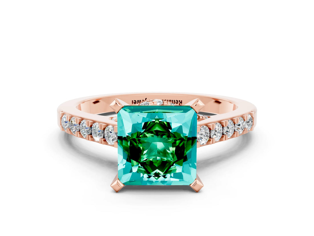 Rose gold Princess Cut Emerald Solitaire Ring with Crossover Gallery and Round  Pavé Band_12