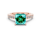 Rose gold Princess Cut Emerald Solitaire Ring with Crossover Gallery and Round  Pavé Band_12