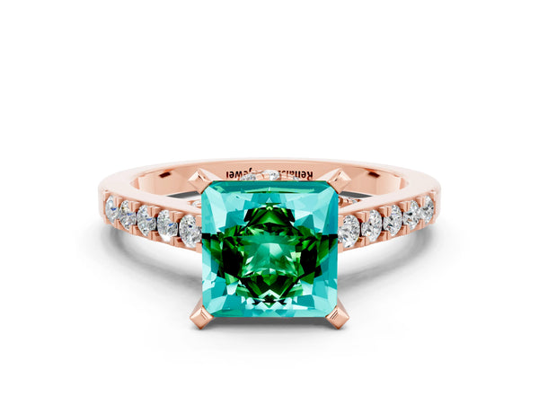 Rose gold Princess Cut Emerald Solitaire Ring with Crossover Gallery and Round  Pavé Band