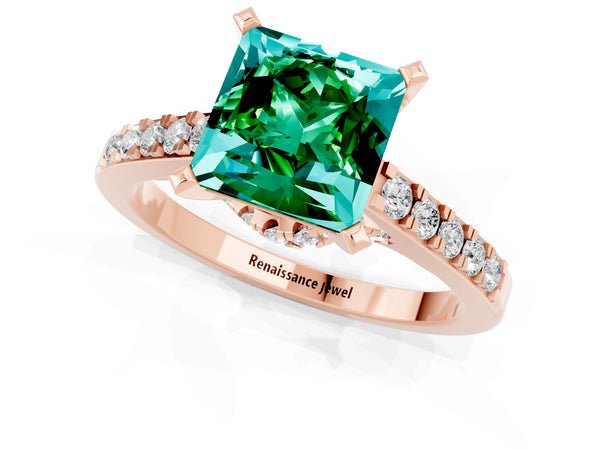 Rose gold Princess Cut Emerald Solitaire Ring with Crossover Gallery and Round  Pavé Band