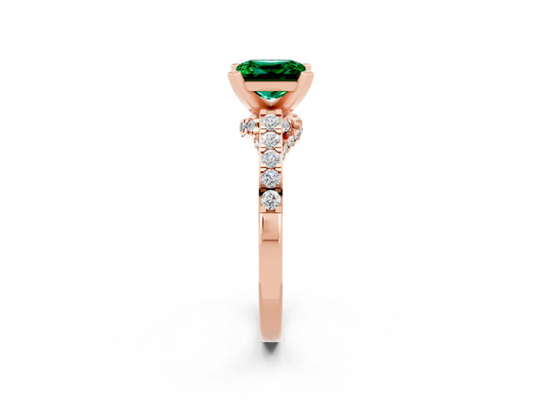 Rose gold Princess Cut Emerald Solitaire Ring with Crossover Gallery and Round  Pavé Band