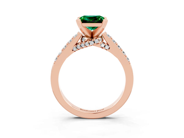 Rose gold Princess Cut Emerald Solitaire Ring with Crossover Gallery and Round  Pavé Band