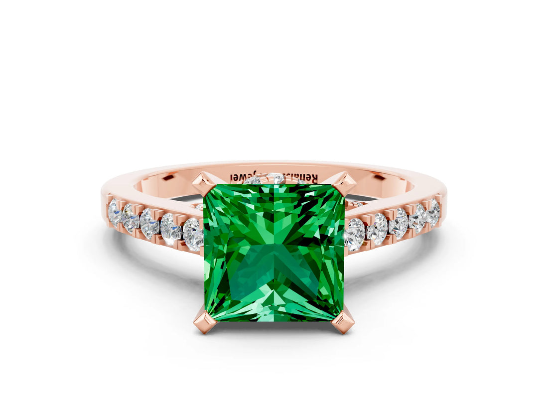 Rose gold Princess Cut Emerald Solitaire Ring with Crossover Gallery and Round  Pavé Band_36