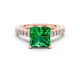 Rose gold Princess Cut Emerald Solitaire Ring with Crossover Gallery and Round  Pavé Band_36