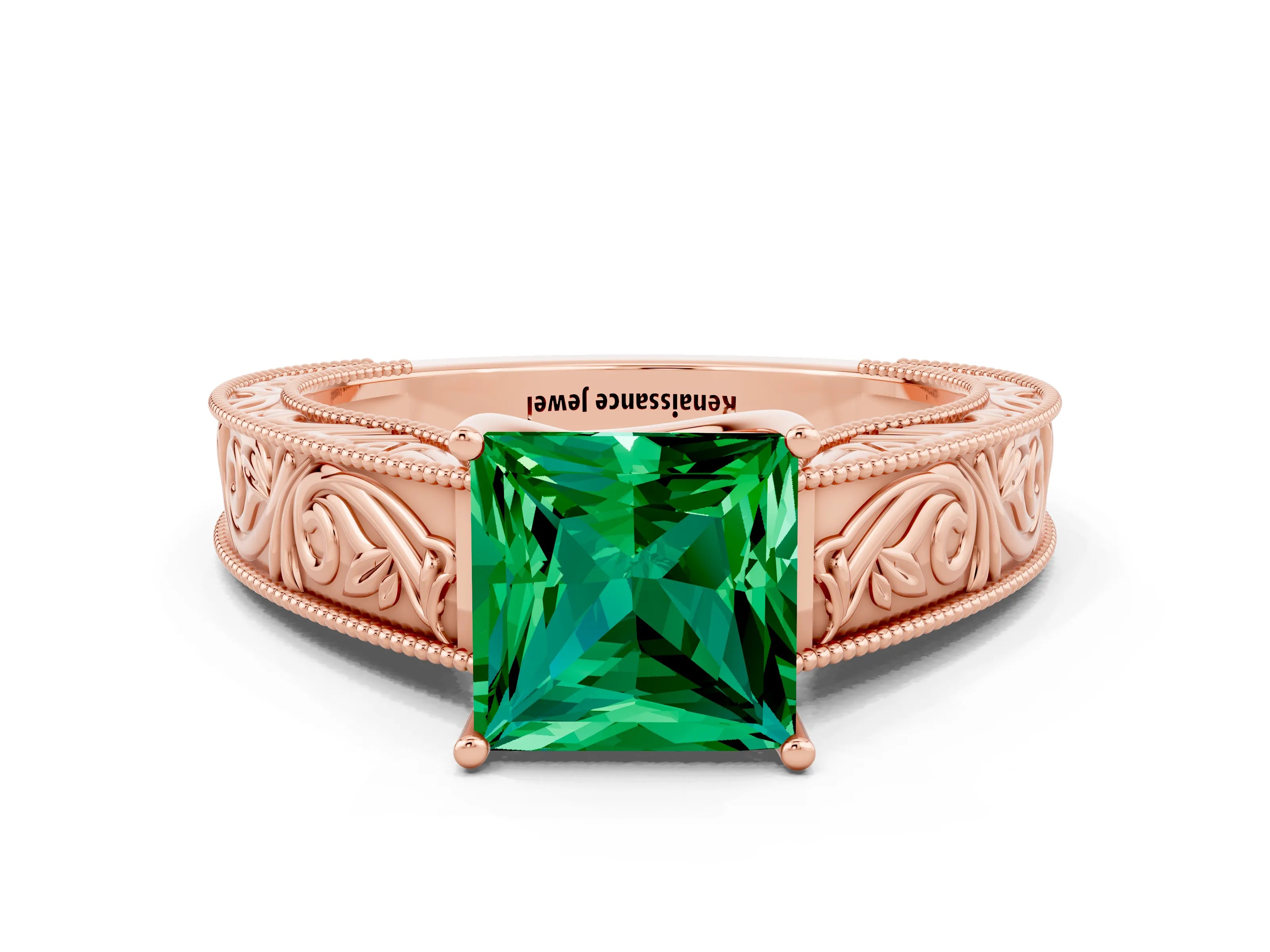 Rose gold Princess Cut Emerald Solitaire Ring with Engraved Band and Four-Prong Setting