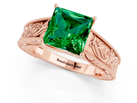 Rose gold Princess Cut Emerald Solitaire Ring with Engraved Band and Four-Prong Setting_1