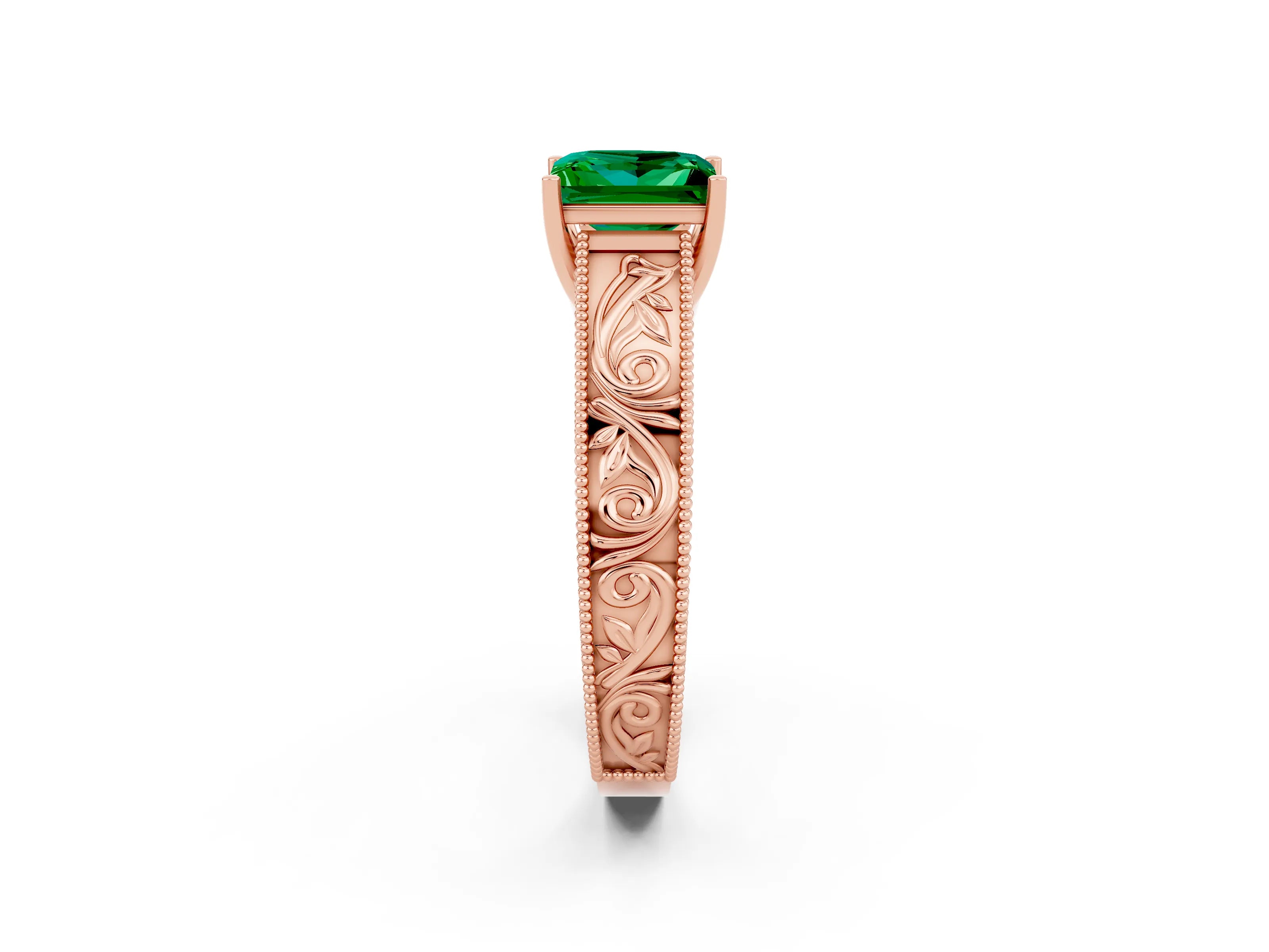 Rose gold Princess Cut Emerald Solitaire Ring with Engraved Band and Four-Prong Setting_2