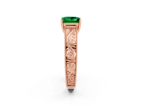 Rose gold Princess Cut Emerald Solitaire Ring with Engraved Band and Four-Prong Setting