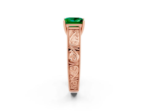 Rose gold Princess Cut Emerald Solitaire Ring with Engraved Band and Four-Prong Setting_2