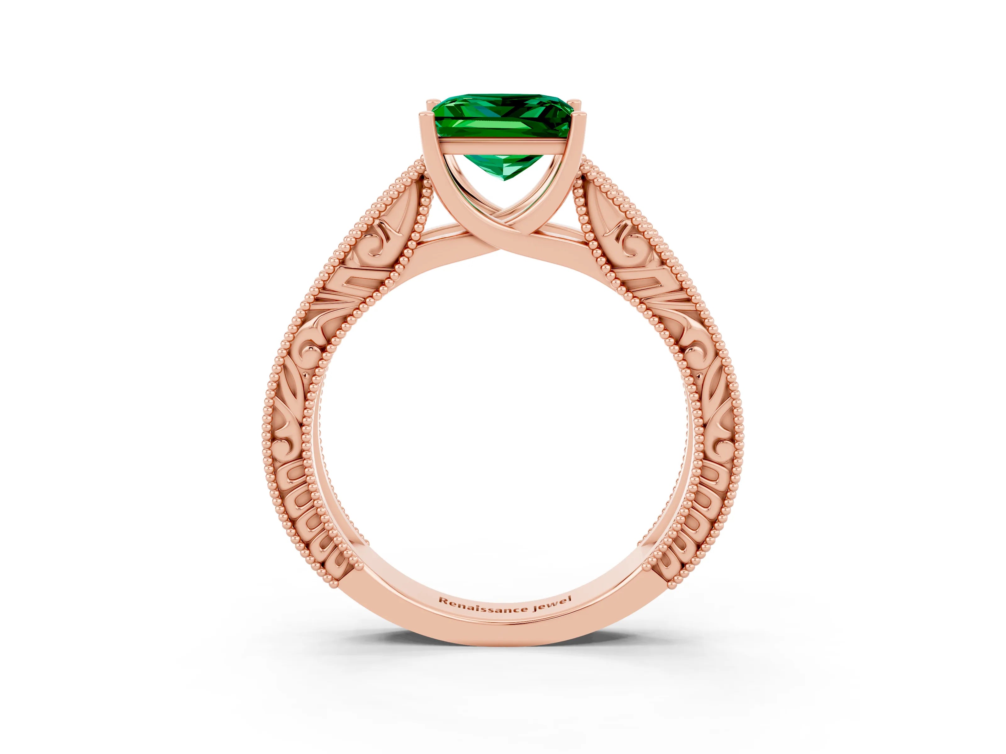 Rose gold Princess Cut Emerald Solitaire Ring with Engraved Band and Four-Prong Setting_3