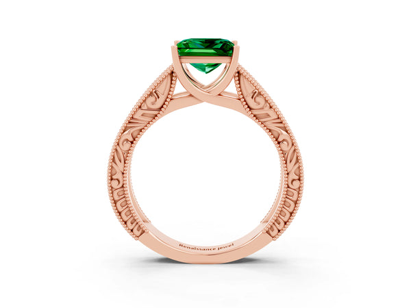Rose gold Princess Cut Emerald Solitaire Ring with Engraved Band and Four-Prong Setting