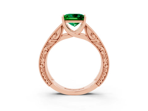 Rose gold Princess Cut Emerald Solitaire Ring with Engraved Band and Four-Prong Setting_3